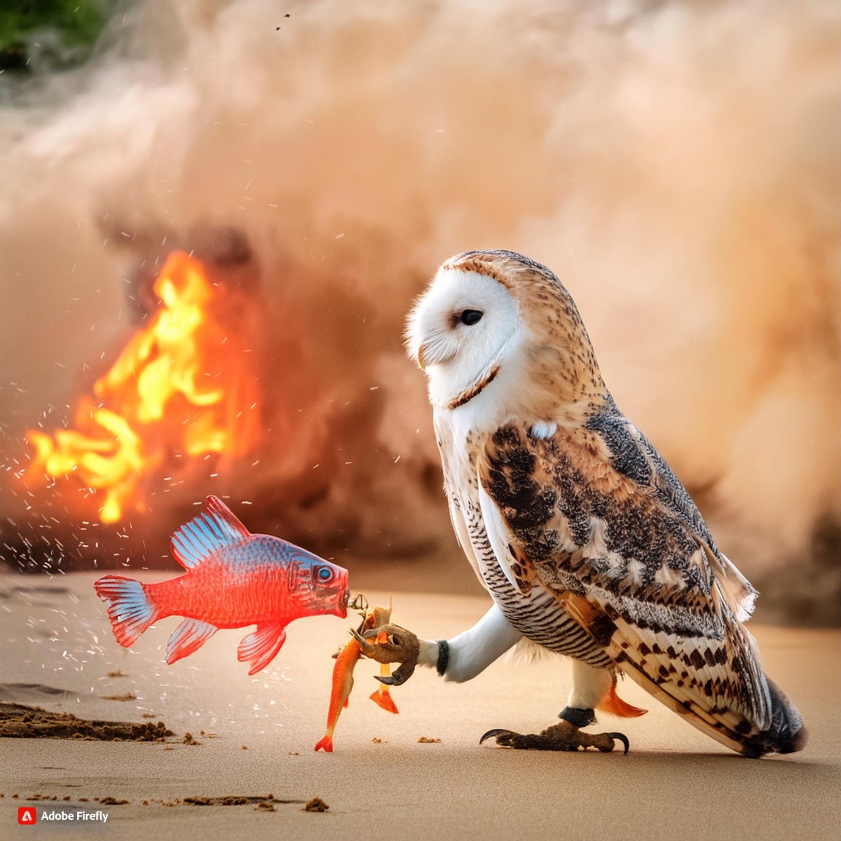 Firefly A patriotic owl walking away from explosions while he feeds his pet fish 25960.jpg