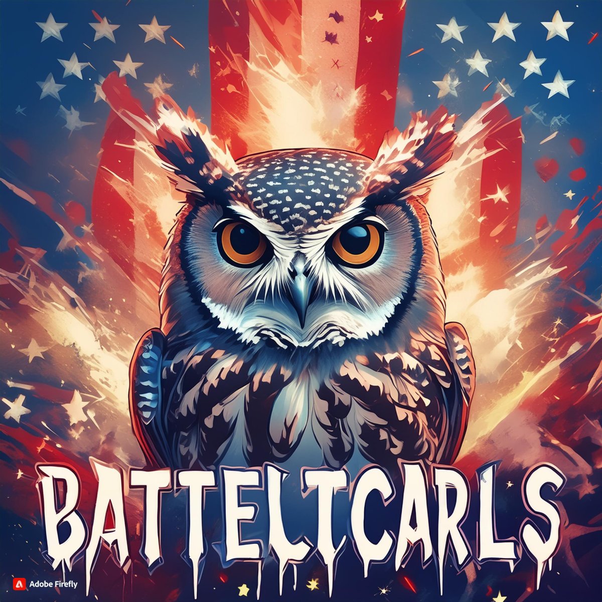 Firefly A rock and roll patriotic owl with Explosions behind him and the words -BattleCorals- ...jpg