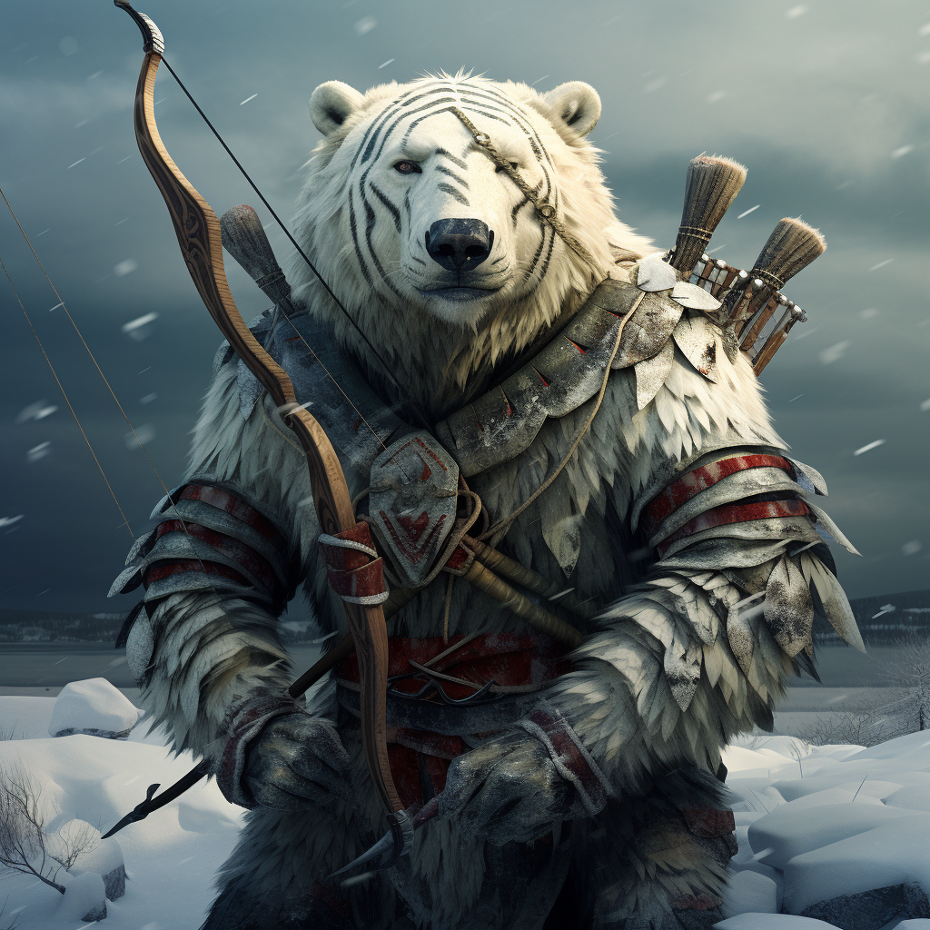 gregghamil_zebra_striped_polar_bear_with_a_compound_bow_72502cef-2747-459e-b068-cd27c08bea86.png