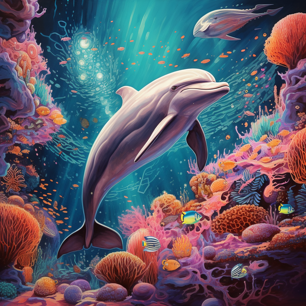 Rennurdoar_a_dolphin_in_space_swimming_among_corals_aaab13c7-5089-4e48-a869-59ad9659444c.png