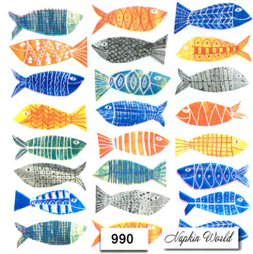 990) TWO Individual Paper LUNCHEON Decoupage Napkins - COLORFUL FISH ARTSY  | eBay